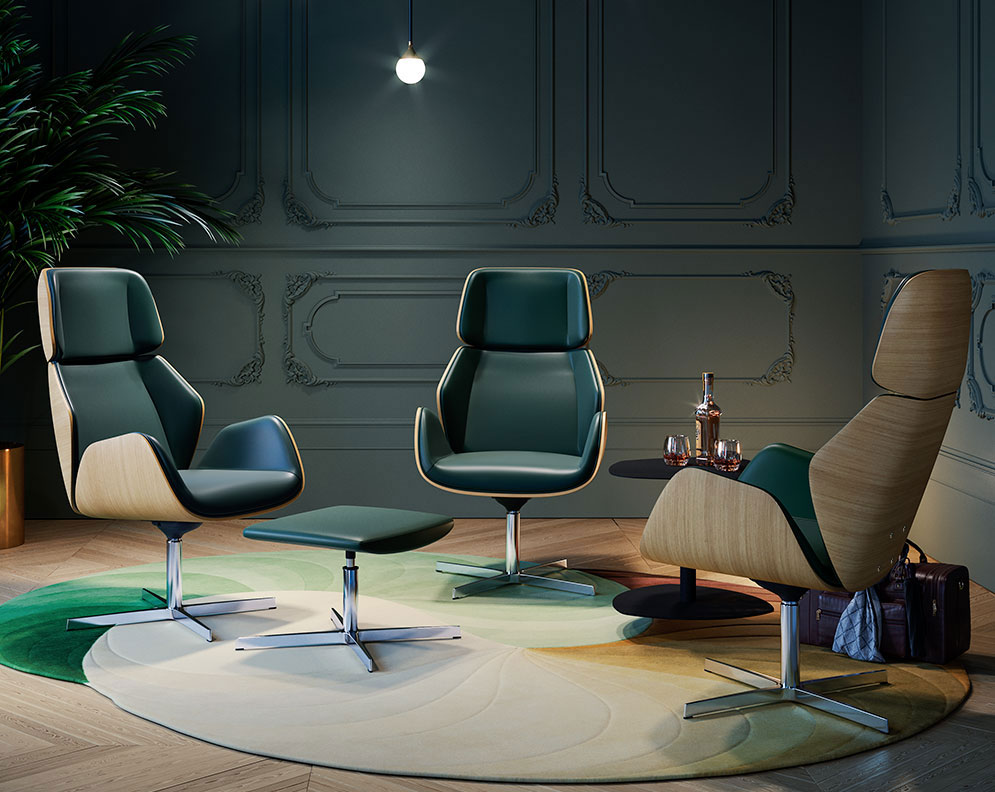 Praga-Wood-sedie-executive-poltrona-base-legno-castagno-imbottite-con-pelle-verde-scuro